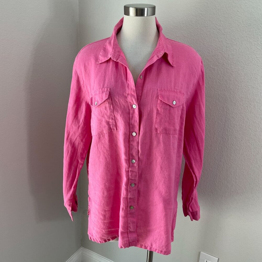 Lino‎ By Chicos Womens Large Pink 100% Linen Button Up Shirt Long Sleeve Pockets